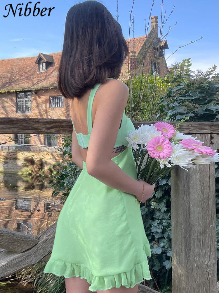 Nibber – robe élégante pour Mujer, couleur unie, découpe, Slim, écharpe, Sexy, dos nu, à volants, 2023