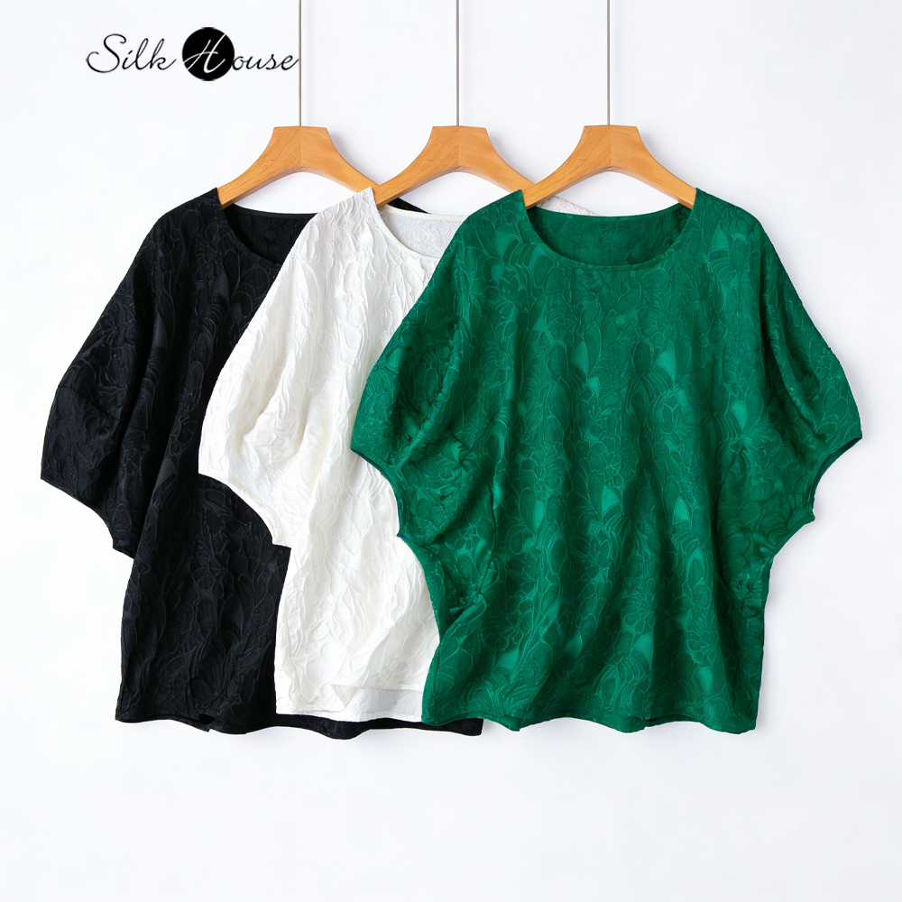 T-shirt décontracté d'été pour femme en 35% soie de mûrier naturelle, texture feuille, crêpe GuanLe entrelacé, col rond, manches lanternes