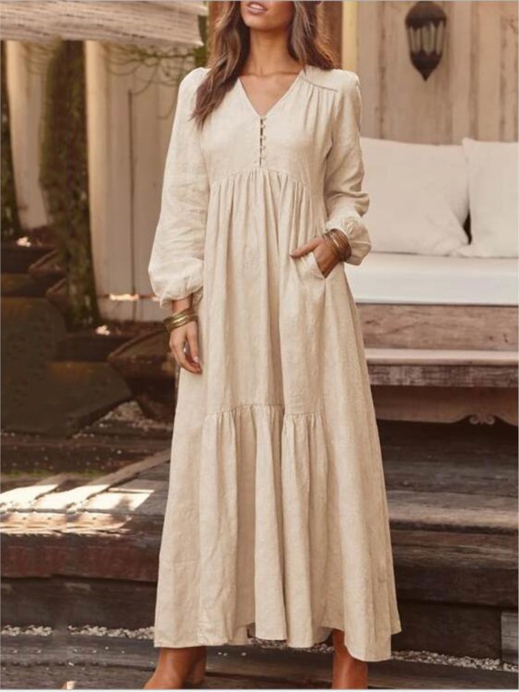 Robe longue en coton et lin pour femmes, Style Vintage, décontractée, col en V, manches longues, ample, Maxi, vêtements élégants pour femmes