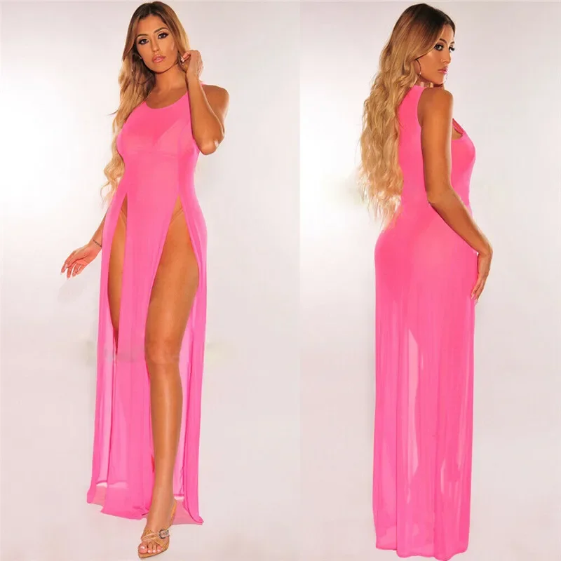 Robe longue en maille transparente pour femme, robe de plage sexy, robe d'été, bretelles en fibres solides, fente haute, couverture de bikini, été