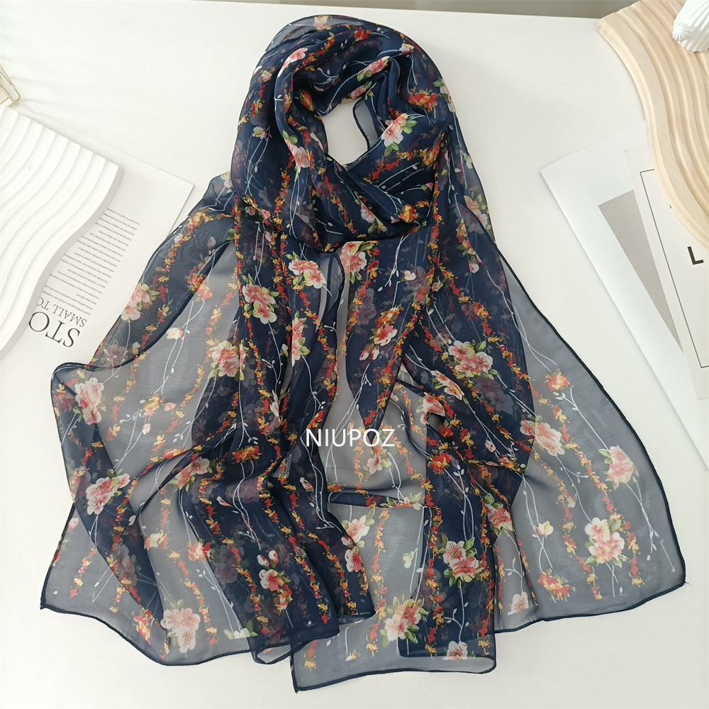 Rouge petite fleur femmes élégant en mousseline de soie Georgette Bandana écharpe été plage crème solaire mince Hijab