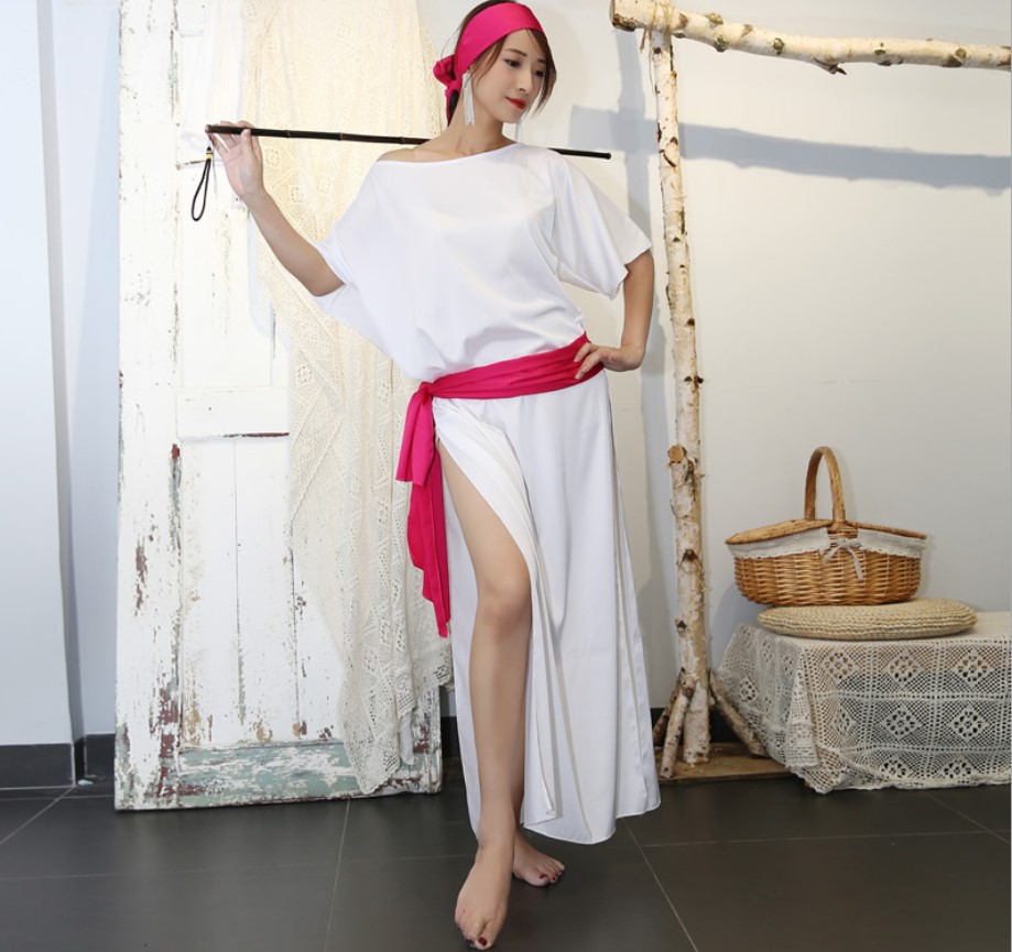 Pas cher egypte Baladi Shabby Saidi Robe lâche femmes danse du ventre danse orientale pratique Wite Costume 4 pièces ensemble avec ceinture