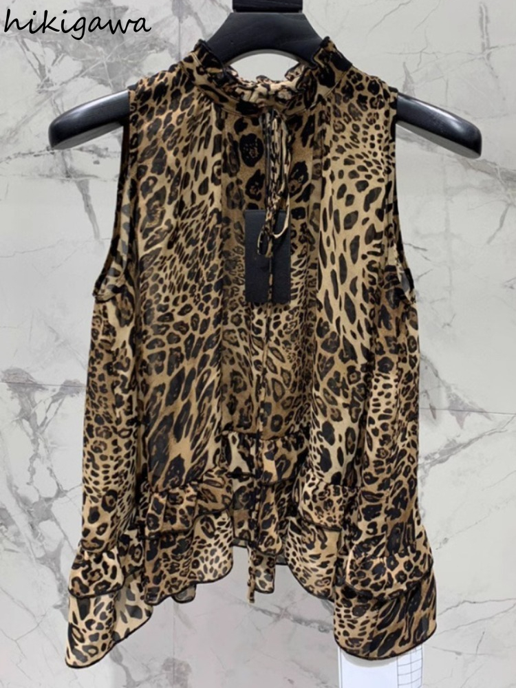 Chemisier imprimé léopard pour femmes en mousseline De soie sans manches chemises amples 2025 Blusas Mujer De Moda tempérament hauts Chic Blouses d'été