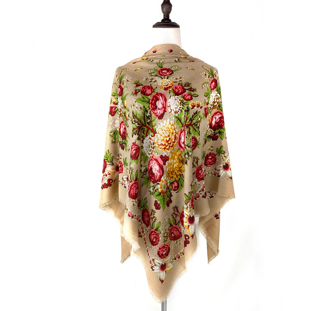 Foulard carré russe fin et respirant pour femmes, 130x130cm, imprimé Floral de luxe, châle ukrainien, Bandana, étole de plage