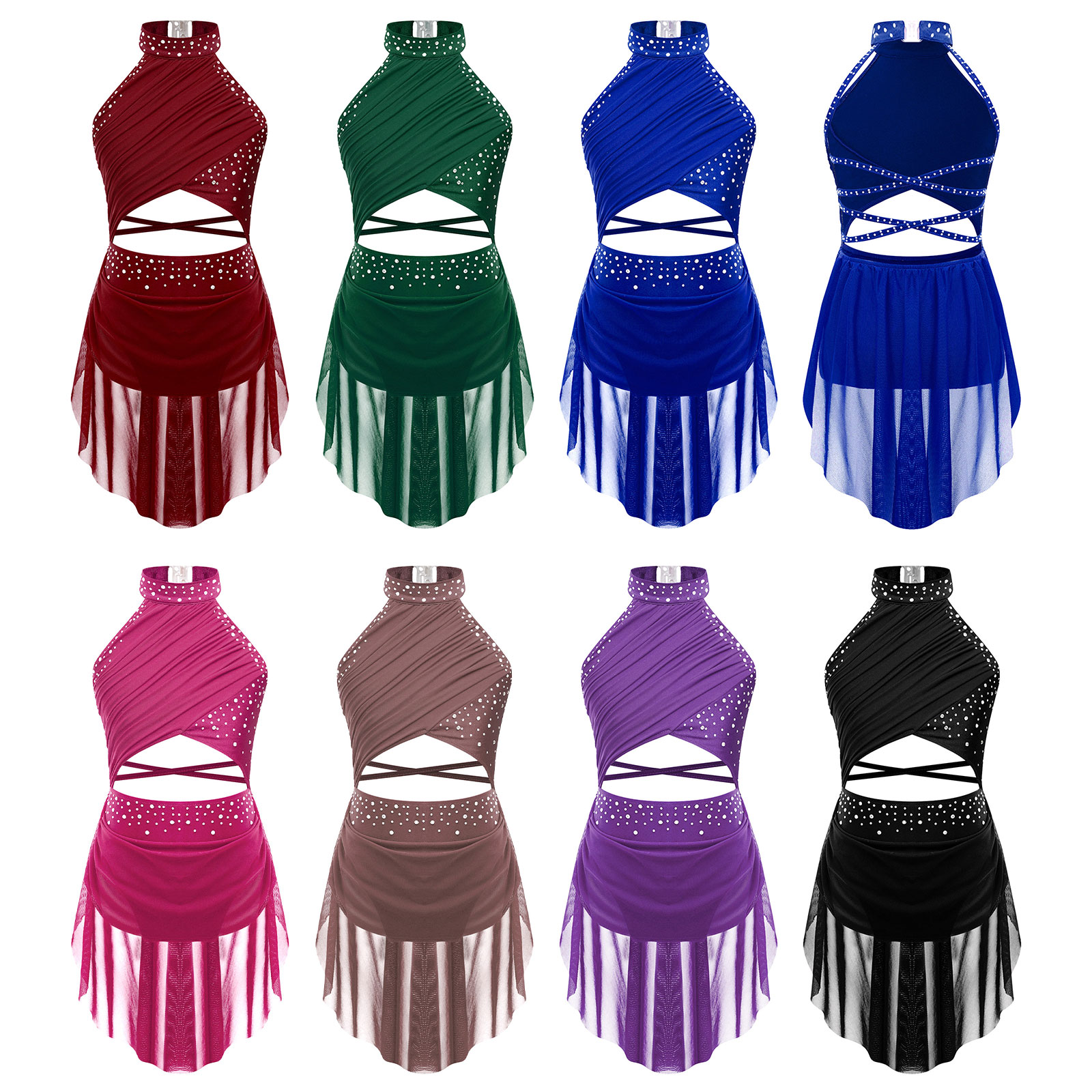 Costume de danse lyrique moderne pour filles, robe de gymnastique, de patinage artistique, de ballet, d'acrobatie, avec strass brillants et maille