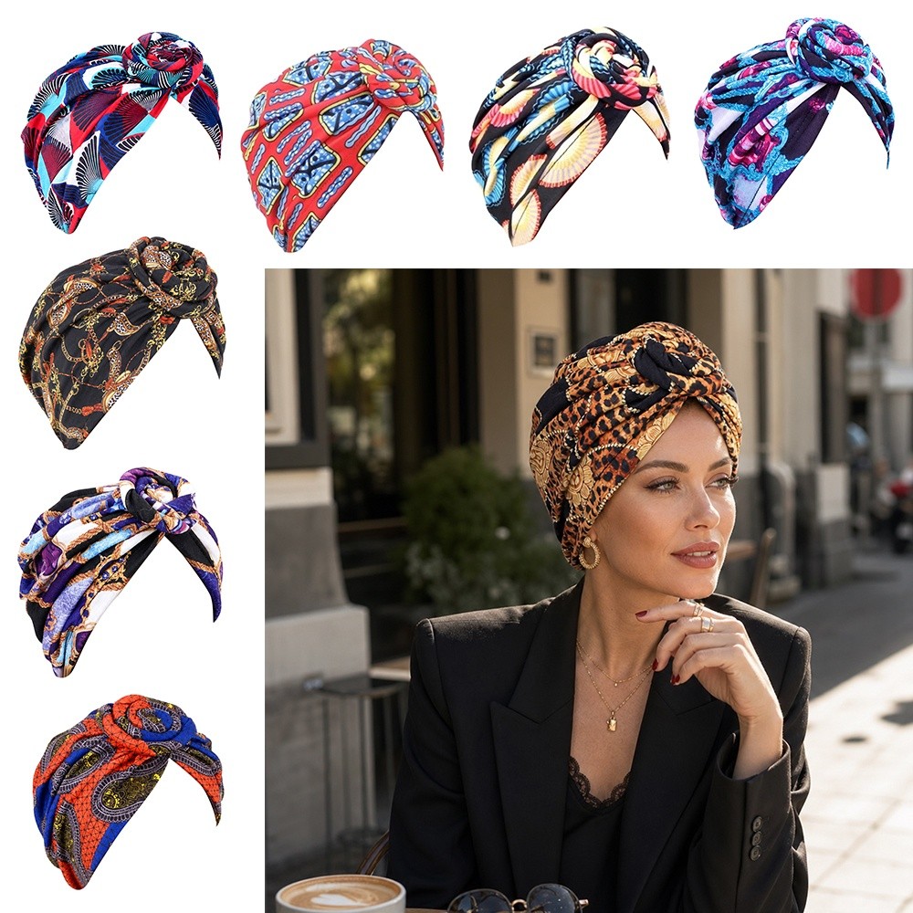 Bonnet Hijab Plissé à Nœud Torsadé Style Turban Imprimé Africain Tendance, Chapeau Élastique Noué, Foulard Floral Polyvalent Décoratif