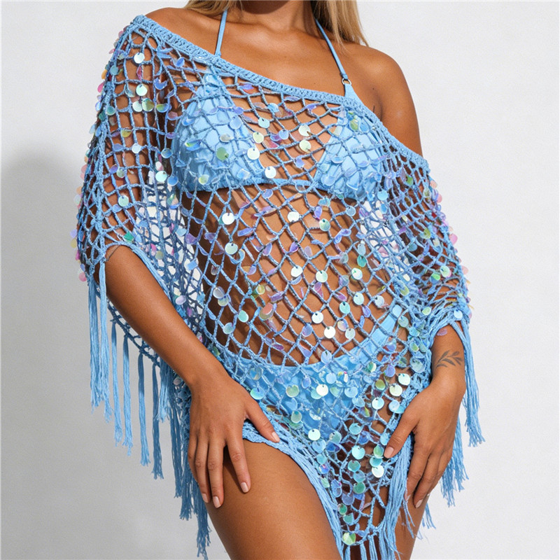 Poncho en crochet à sequins pour femme, haut asymétrique transparent à franges, châle ajouré, pull-over en maille, cache-maillot de plage d'été