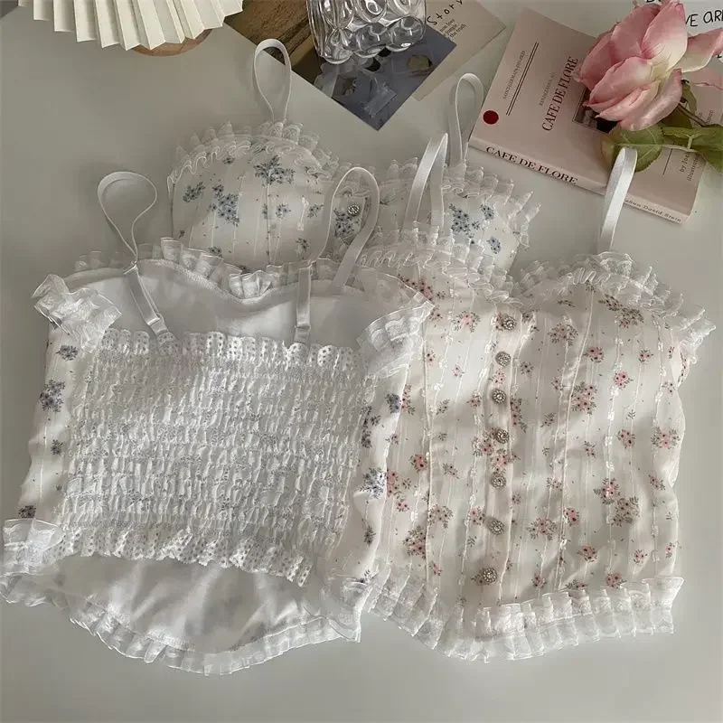 Camisole à ourlet d'oreille en bois floral français pour femmes, vêtements d'extérieur pour femmes avec dos en dentelle respirante, beaux sous-vêtements pour l'été