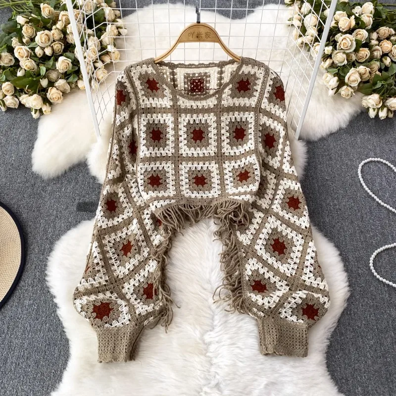 Pull bohème pour femme, col rond, crochet, fleur, creux, pulls vintage pour femme, pulls d'automne à carreaux, pompon, tout-puissant, livraison directe
