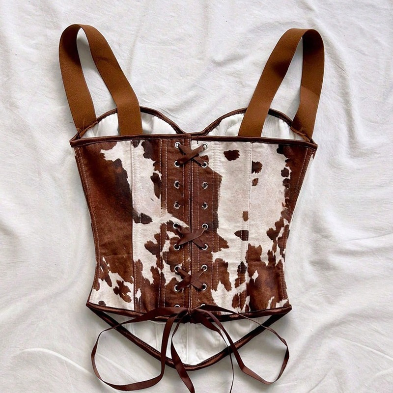 Haut corset à lacets imprimé vache pour femme, sans manches, en daim, style western, pour festival de musique, concert, tenue sexy de cowgirl, déguisement médiéval