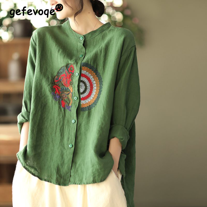 Chemises en lin de coton irrégulières brodées de style ethnique vintage pour femmes, mode à manches longues, chemisiers adt élégants pour dames, Y-Blusa
