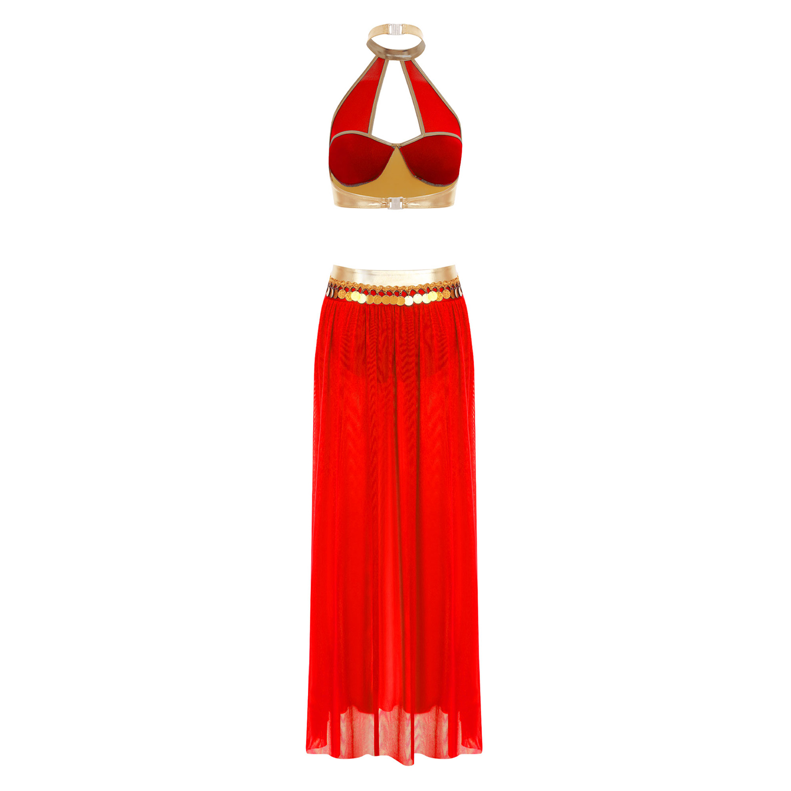 Costume de princesse orientale indienne et arabe pour femmes, haut court et jupe en maille fendue avec pompon à paillettes, tenue de danse