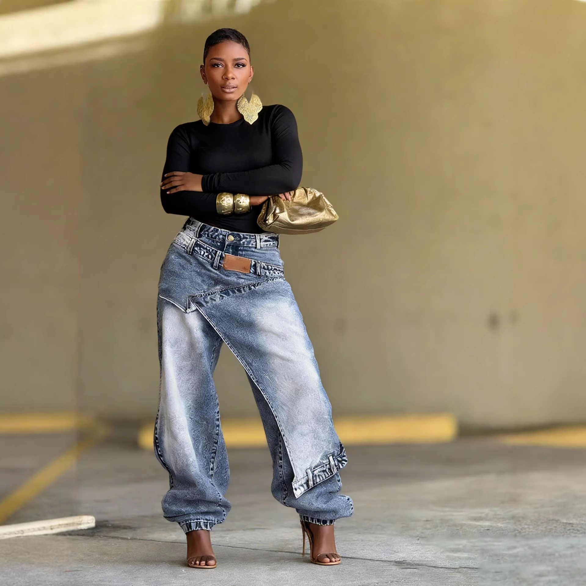 Jeans Femme Vintage Coupe Large Denim Délavé Streetwear Patchwork Patches Pantalon Droit Effet Usé Longueur Ras du Sol 2026