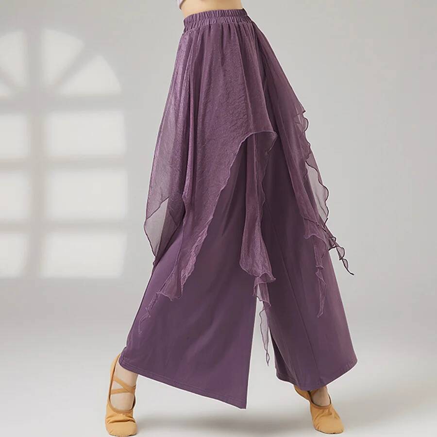 Pantalon de danse classique pour femme, en polyester, coupe large, taille irrégulière, élégant, avec voile, costume de danse moderne, pantalon de danse pour adulte