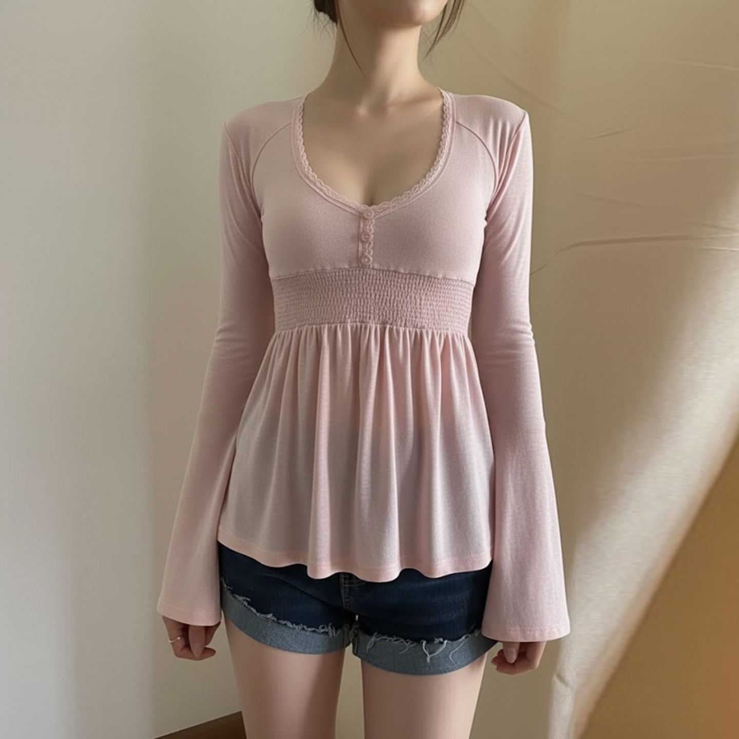 Pull en tricot pour femmes, chemisier Chic français, panneaux en dentelle, col bas, manches cloche, taille cintrée, haut trapèze, nouvelle collection 2025