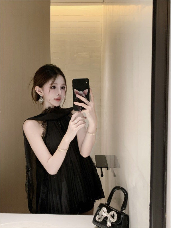 Chemise en mousseline de soie dentelle Patchwork ruban col suspendu haut femmes 2025 été Style français élégant polyvalent Blouses vêtements