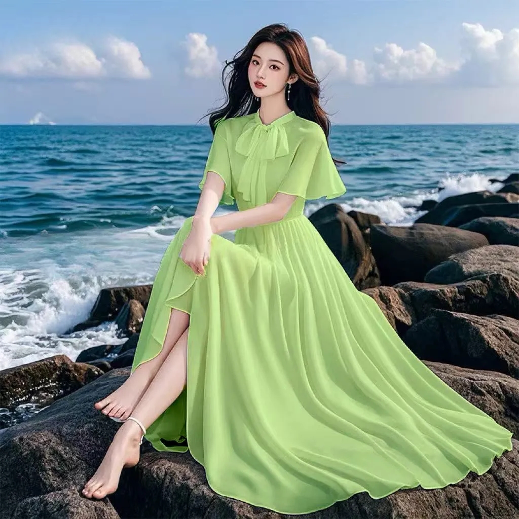 Robe en mousseline 2026 Nouvelle collection été pour femme, élégante, pour vacances à la plage, longue, unie, ajustée, à grande ampleur