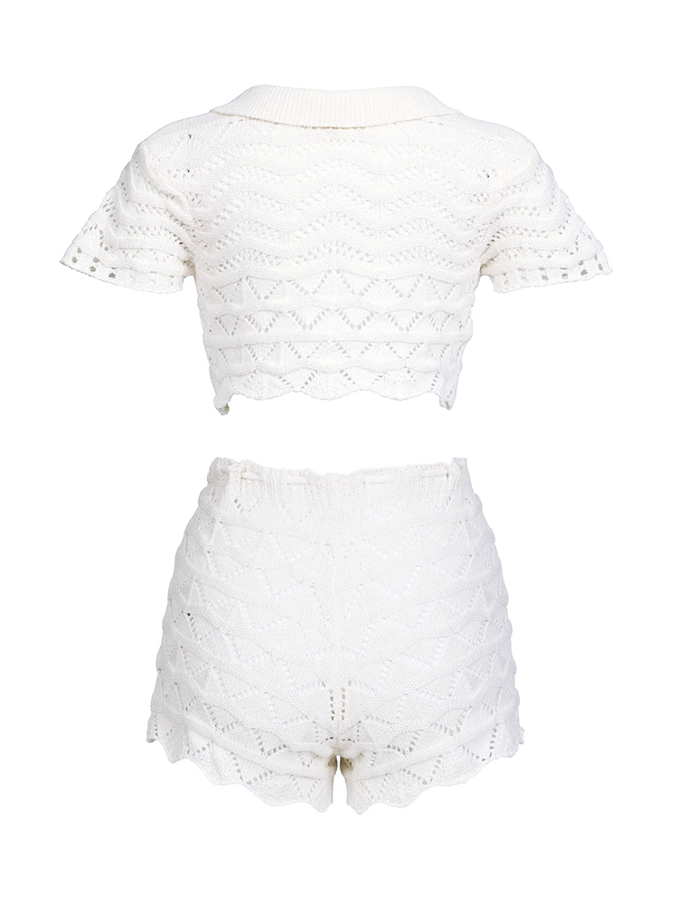 Ensemble Cache-maillot de Plage Sexy en Maille 2026 Été Femme – Haut Court à Col Revers et Manches Courtes Découpé, Mini Short à Lacets Deux Pièces K202