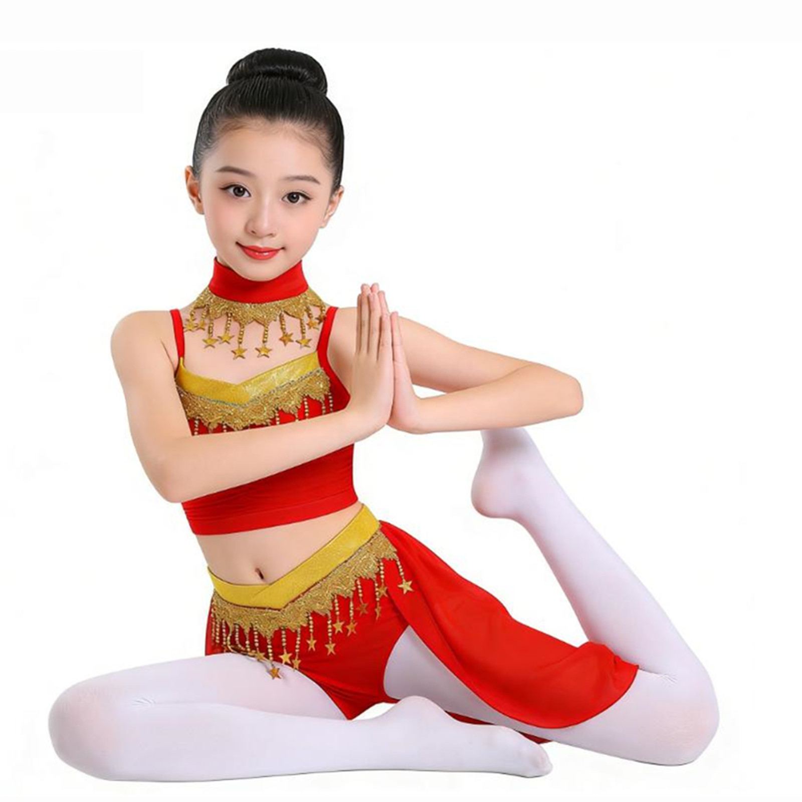 Enfants filles brillant étoile paillettes Bellywood Oriental danse du ventre Costumes ensemble glands indien froncé haut court jupe tenue de danse du ventre