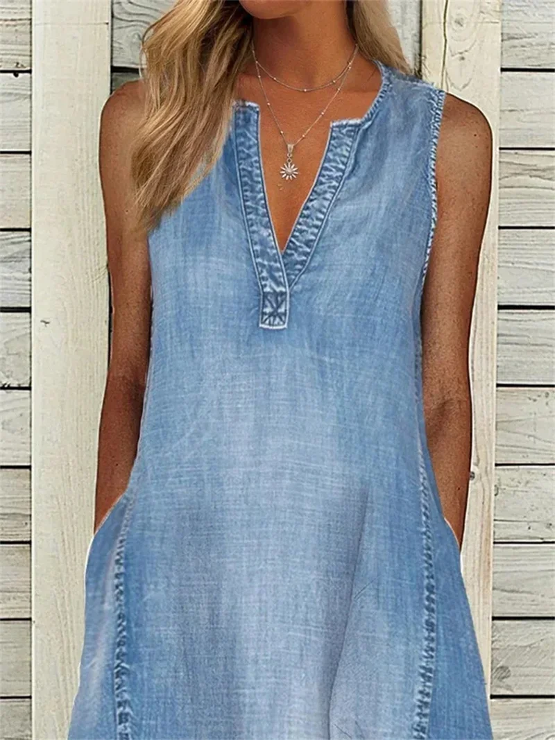Robe pull à col en V profond pour femmes, double poche latérale, robe en fibre de denim mince, décontracté, bureau féminin, été, 2024