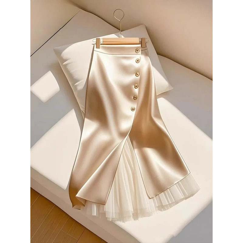Jupes longues élégantes en Satin pour femmes, jupe Maxi en maille épissée, simple boutonnage, fente, nouvelle jupe pour les déplacements, 2025