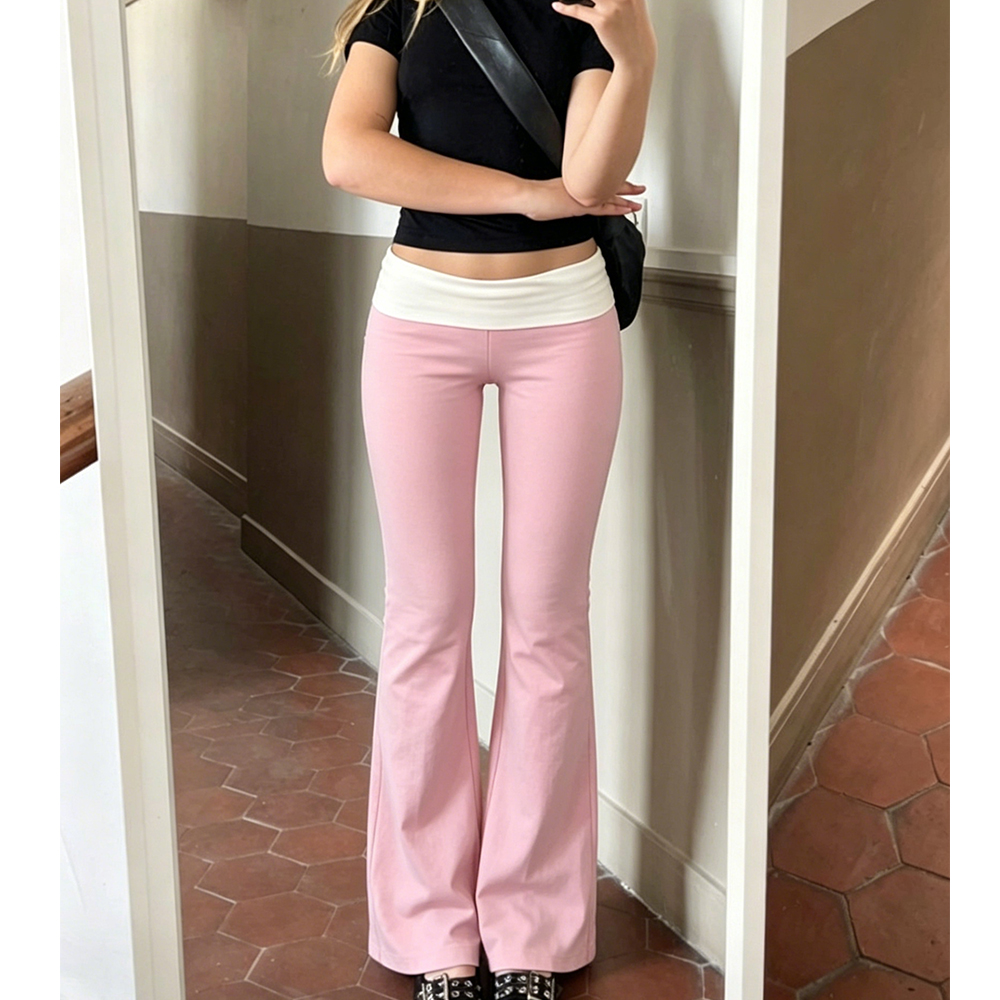 Pantalon évasé pliable pour femme, style décontracté, couleur contrastante, taille élastique, coupe cloche, streetwear Y2K ﻿