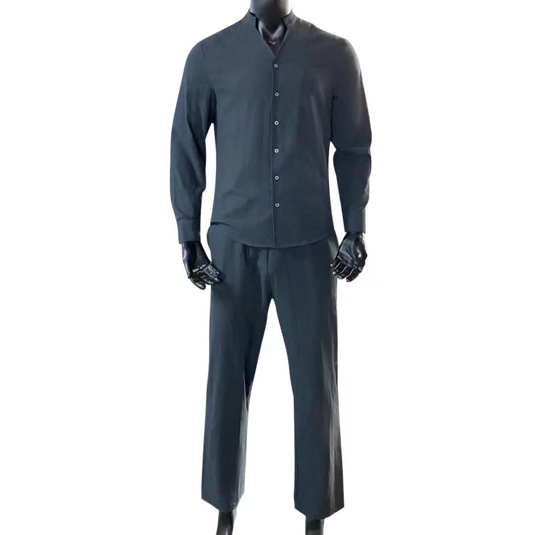 Chemise à col montant en lin à manches longues pour hommes, chemise respirante monochromatique, vêtements de sport décontractés, mode simple, ensemble deux pièces FJM