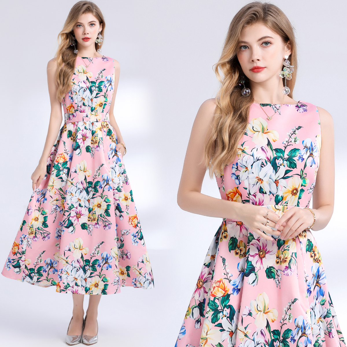 Robe d'été à fleurs Jacquard pour femmes, sans manches, débardeur, col rond, imprimé Floral Empire, longue plage, fête, robes de soirée mi-longues