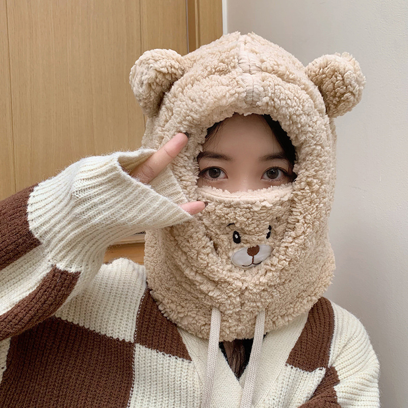 Chapeau de dessin animé d'hiver avec masque ours agneau bonnet chapeaux chaud épaissi Protection des oreilles Skullies bonnets pour femmes fille Kawaii