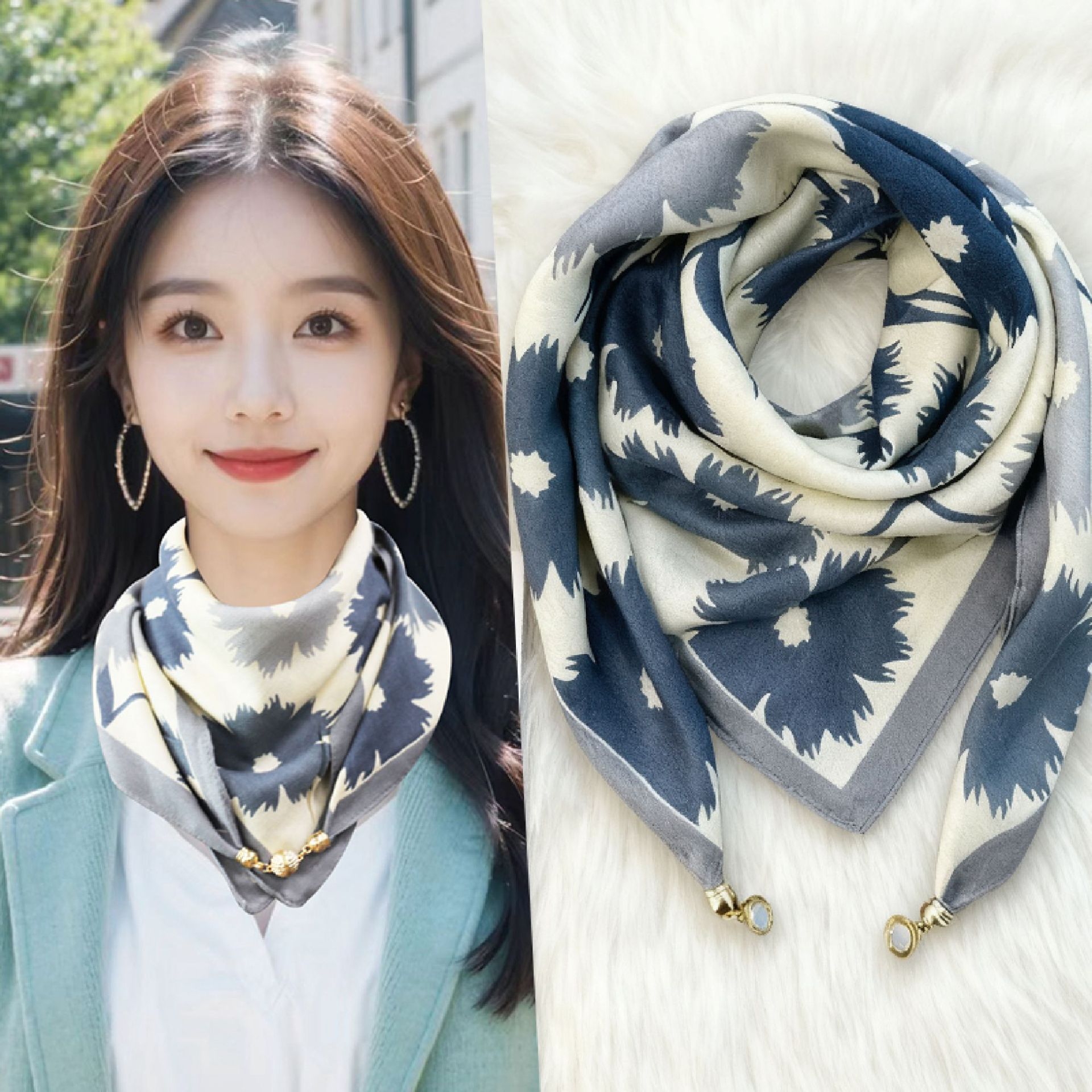 Écharpe en soie magnétique triangulaire pour femme, protection du cou, printemps-automne, en coton et lin, haut de gamme, pour garder au chaud