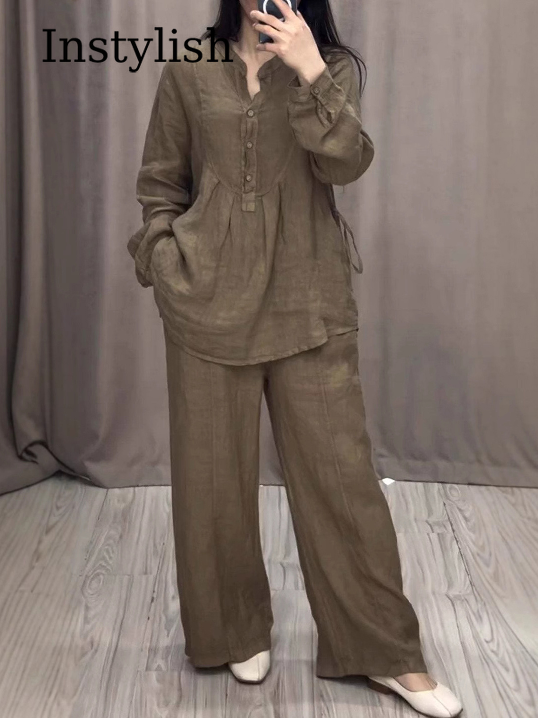 Ensemble 2 pièces en lin pour femme, chemisier à col en V et manches longues boutonnées, pantalon large, décontracté, uni noir, vêtements de détente, printemps automne