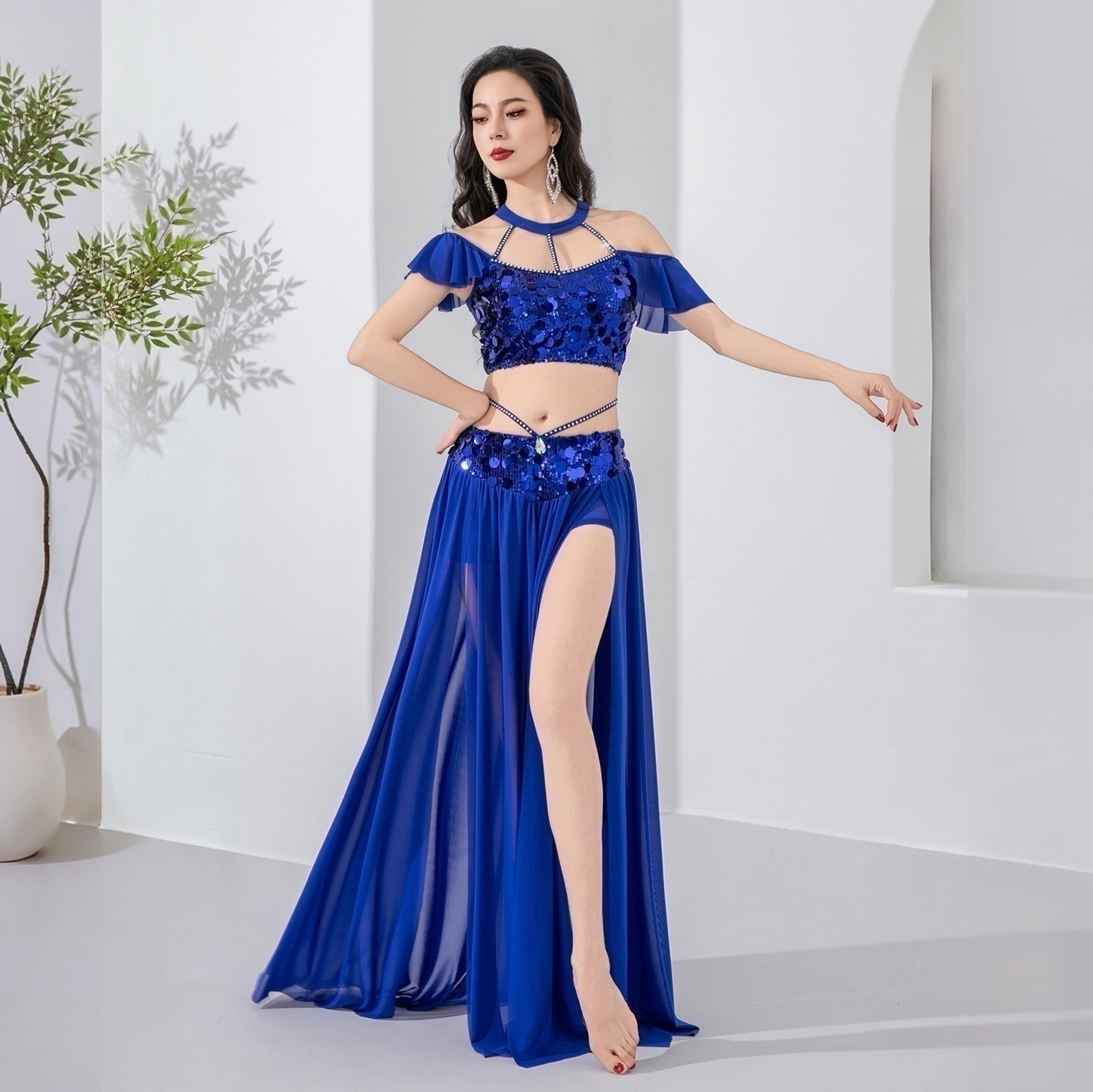 Tenue de Danse Orientale Élégante avec Paillettes Scintillantes, Jupe Longue Brillante, Haut Halter pour Filles et Groupes de Danse