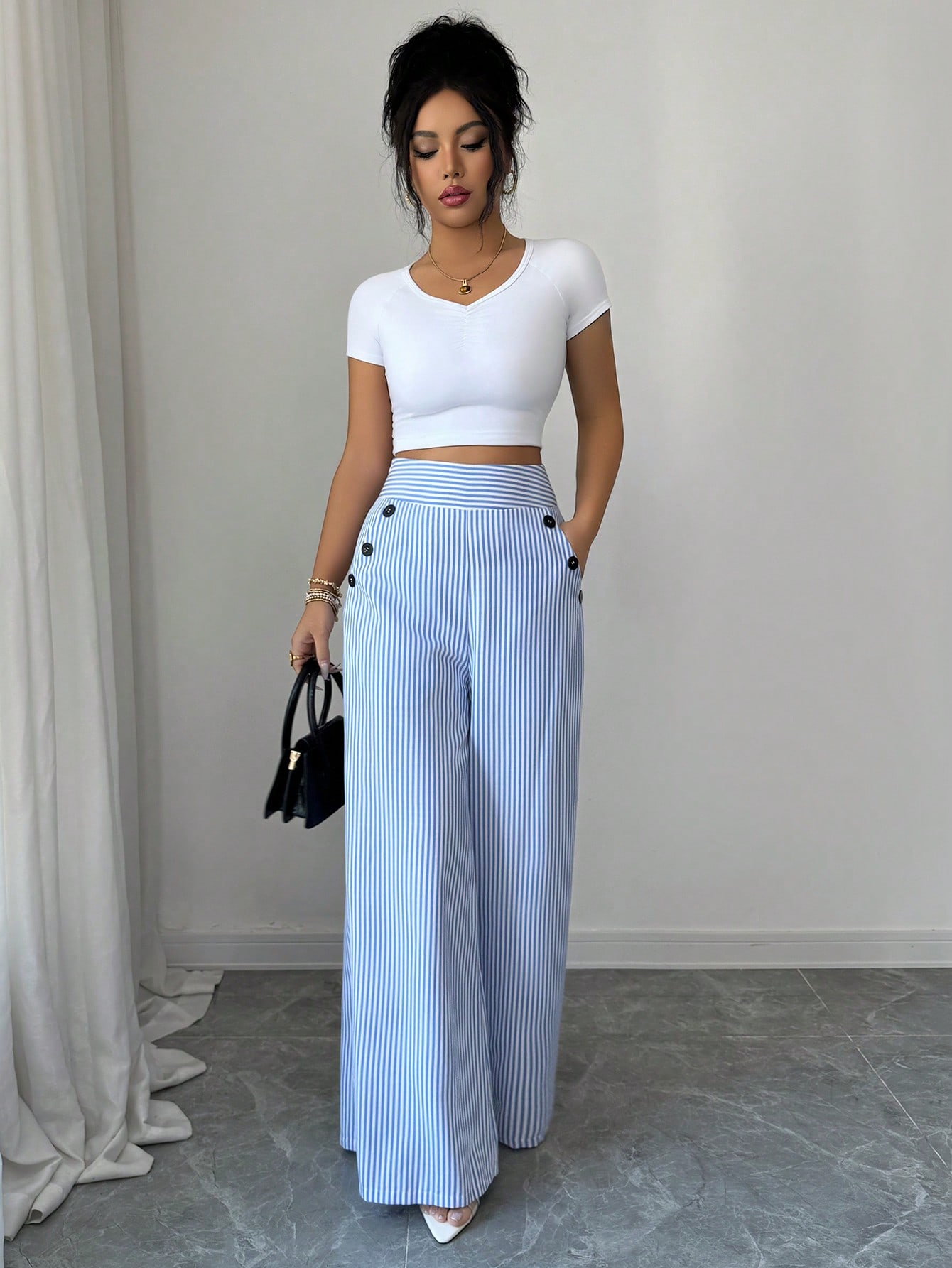 Pantalon large rayé élégant |   Pantalons confortables à taille haute pour le bureau et les occasions décontractées