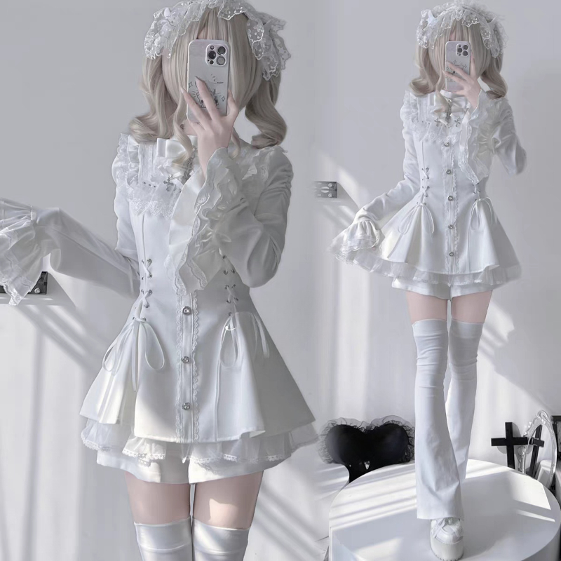 Ensemble de robe gothique japonaise Lolita pour femmes, Harajuku Y2k, nœud en dentelle, col à volants, Mini robes de soirée élégantes et mignonnes