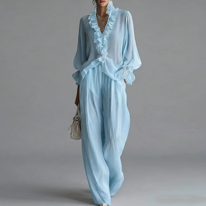 Ensemble décontracté blanc 2 pièces pour femme, chemisier sexy à volants col en V manches longues et pantalon large, tenue bohème printemps-été