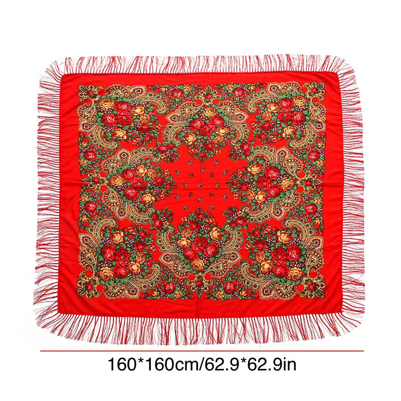 Écharpe carrée russe pour femmes, châles chauds à pampilles, imprimé Floral, mouchoir, enveloppe, Babushka, Bandana, couverture de plage et de voyage, 160x160cm