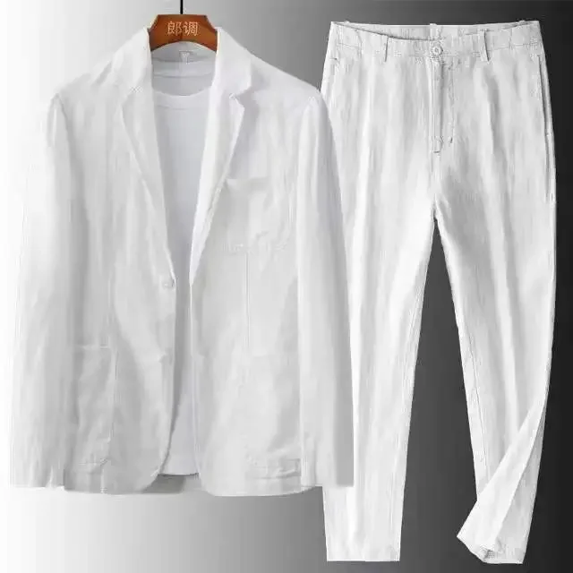Ensemble deux pièces en coton et lin pour hommes, ensemble décontracté, veste Blazer + pantalon, vêtements fins d'affaires, costume respirant, printemps été