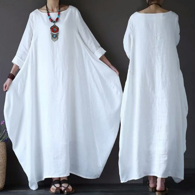 Robe d'été fine en coton et lin pour femmes, style bohème, manches longues, couleur unie, kaftan vintage