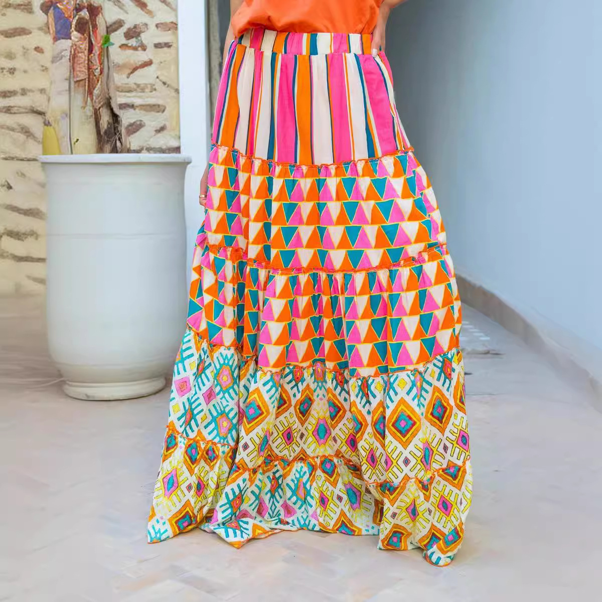Jupe imprimée style Boho, élégante, taille élastique, ligne a, à volants, grand ourlet, vêtements de plage, vacances, jupe longue ample pour femmes