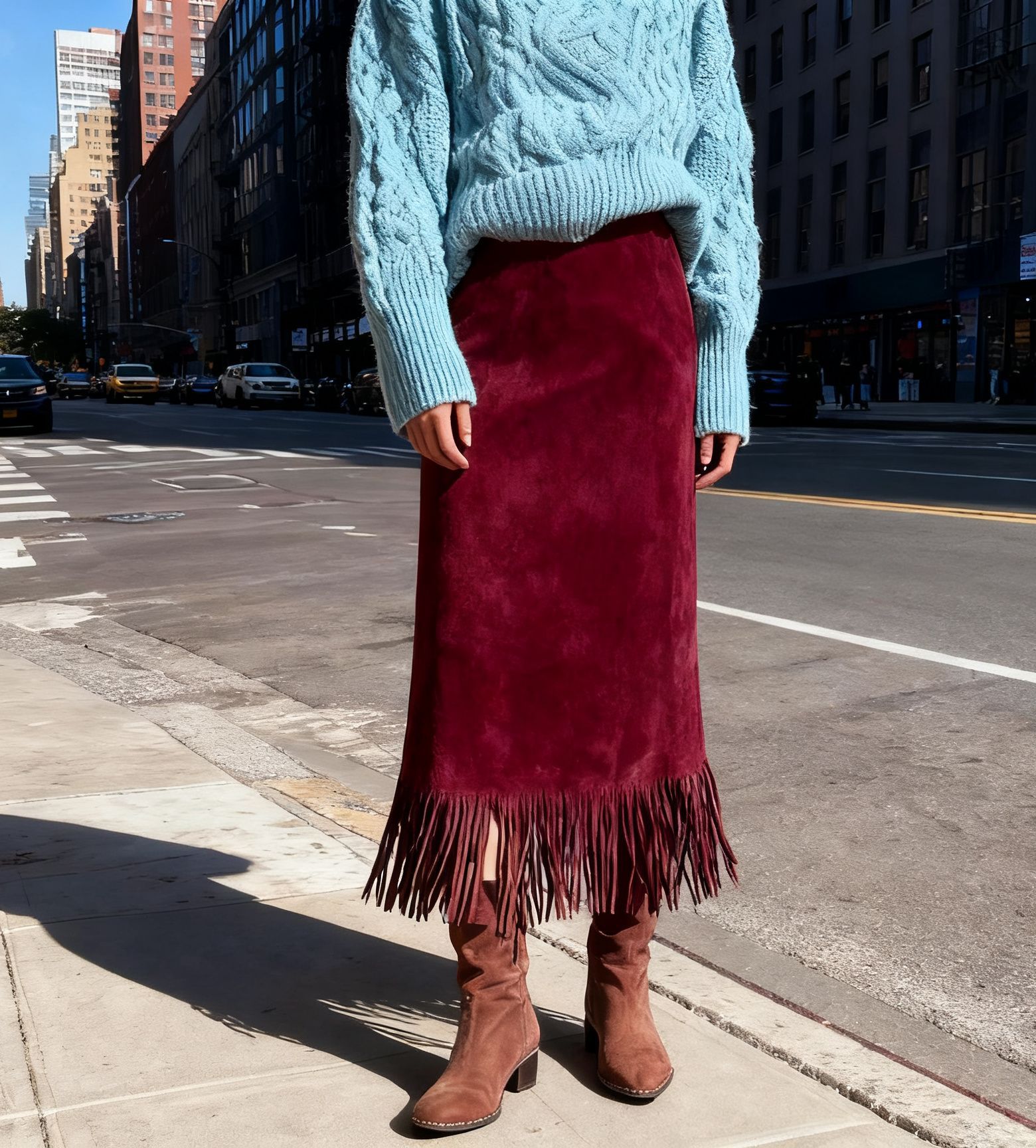 Jupe longue en daim à franges pour femmes, à la mode et élégante, en automne et en hiver, une jupe longue confortable et ajustée