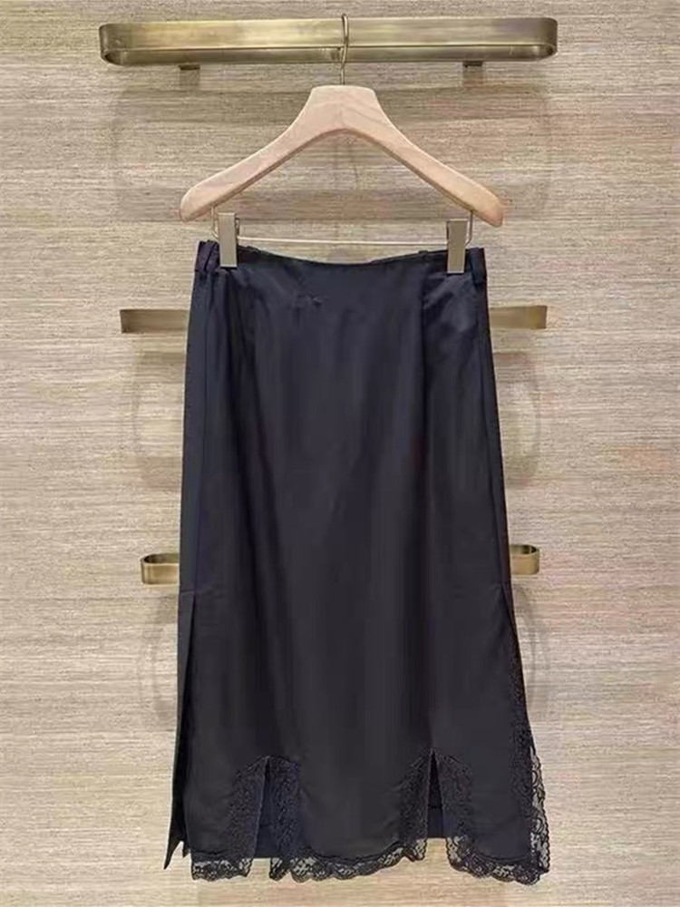 Jupe longue noire pour femme, mi-longue, taille haute, avec fente latérale, en dentelle, style français, pour début d'automne