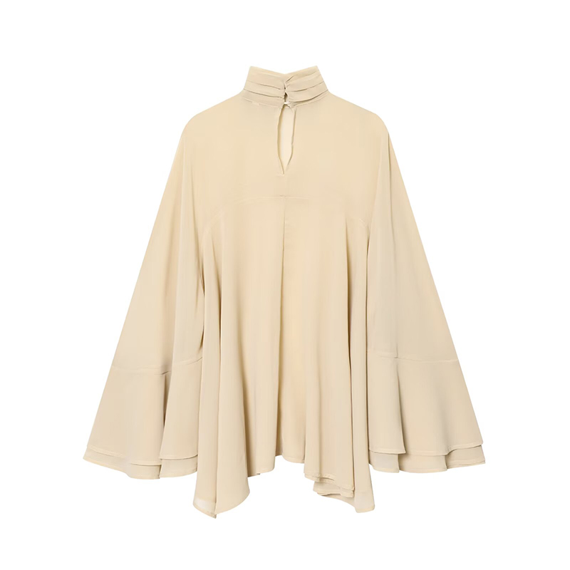 YENKYE nouvelle mode col haut Cape haut pour femmes élégantes ourlet asymétrique chemisier en mousseline de soie ample