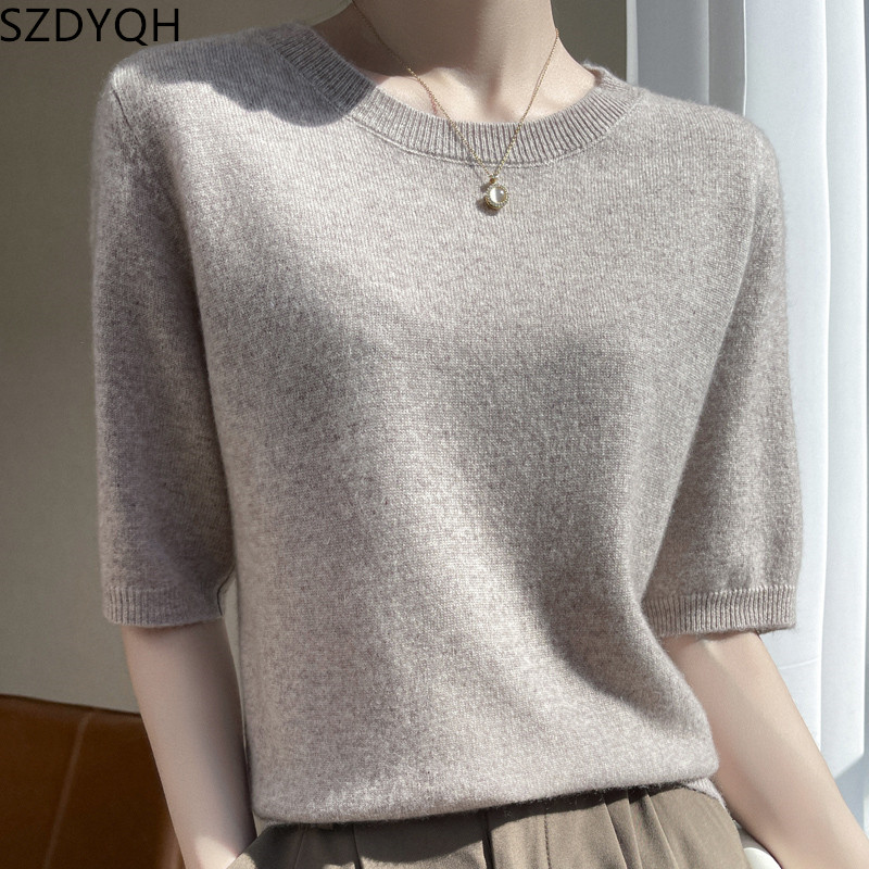 T-shirt à manches courtes et col rond pour femme, pull basique, doux, vêtements pour filles, 100%, nouvelle collection printemps 2023