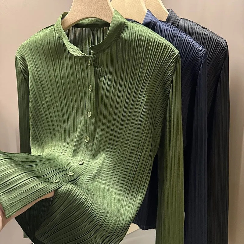 Nouvelles chemises et chemisiers mode Advanced Sense col montant Cardigan printemps plissé à manches longues simple boutonnage chemise femme