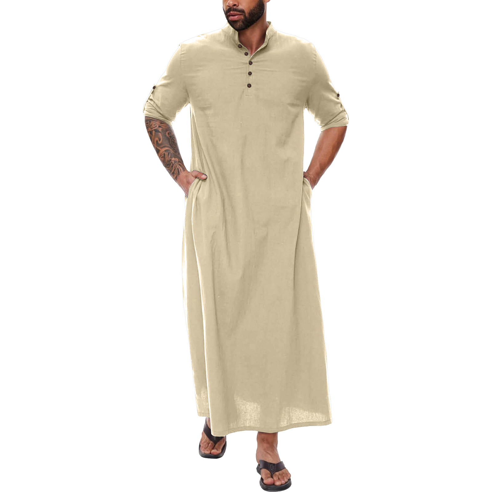 Abaya longue en lin de coton arabe pour hommes, poches musulmanes, Jubba Thobe, Kamis islamiques, document solide, Robe adulte, zones me S-XXXL