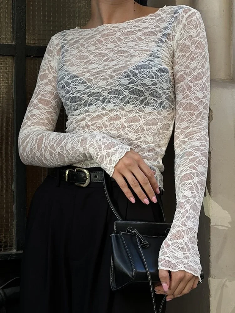 T-shirt transparent en dentelle pour femmes, Streetwear à manches longues, haut court De couleur unie, Slim Fit, accessoires Y2k