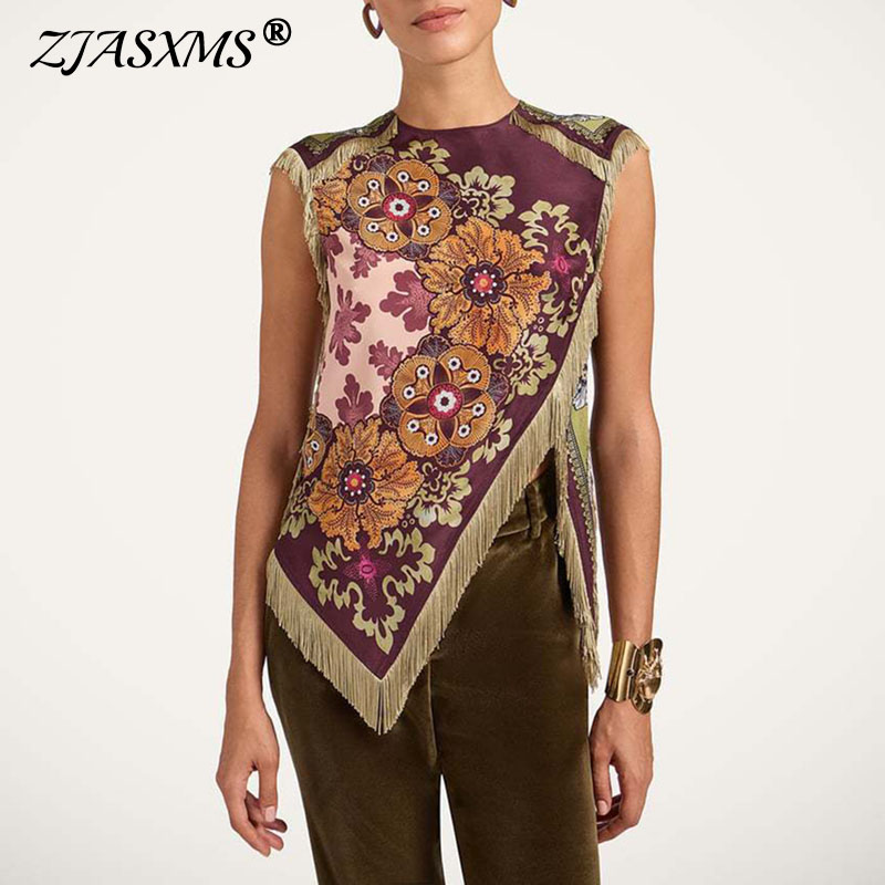 Ethnique Vintage imprimé fleuri femme vêtements élégant col rond gland croix fendu haut irrégulier été sans manches fermeture éclair Blouse chemises
