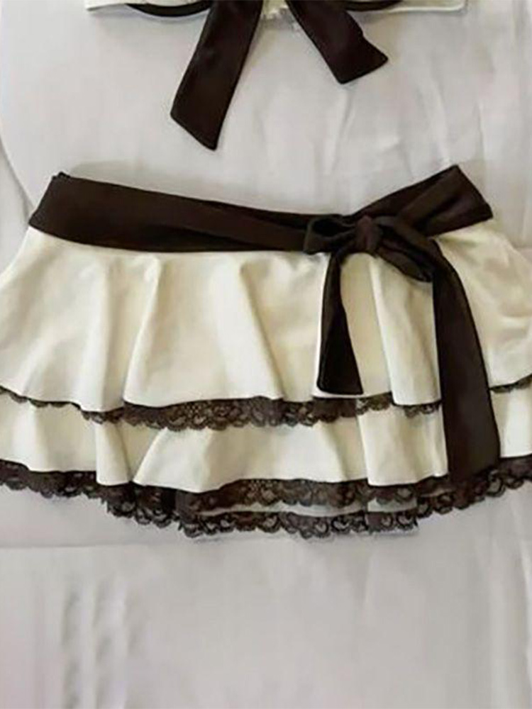 Ensemble bikini jupe beige d'été avec dentelle et nœud, style Y2K, mignon et tendance, pour la plage, la piscine, les vacances, maillot de bain féminin
