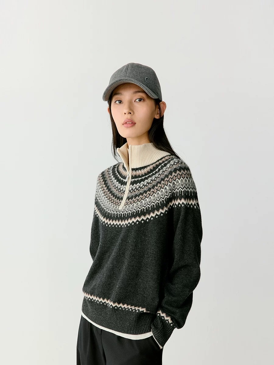 Femmes laine mérinos pull col mi-haut couleur bloquée pull femme cachemire demi fermeture éclair tricots automne hiver décontracté hauts