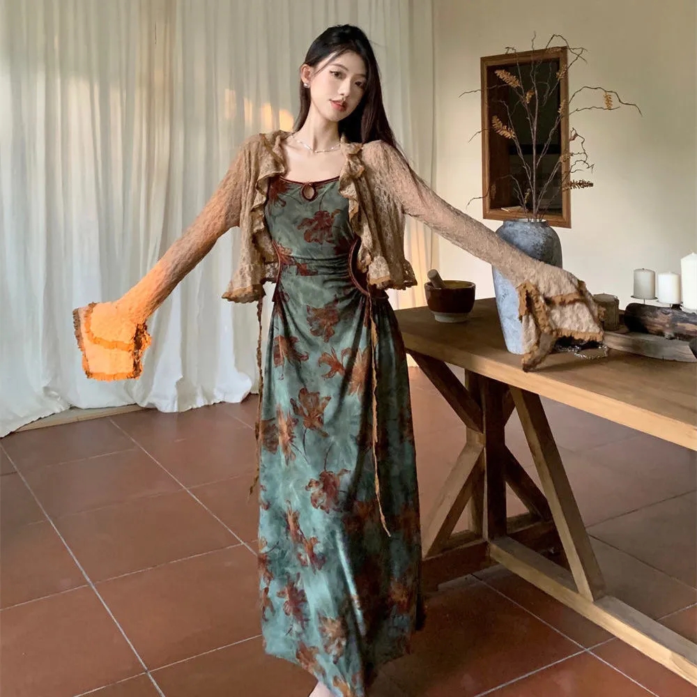 Ensemble deux pièces patchwork floral vintage pour femmes, robe maxi à volants, cardigan court, tenue à lacets, Vein Chic, doux